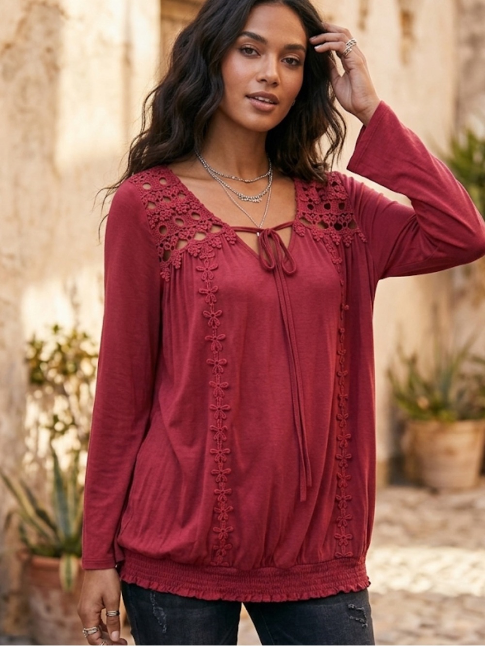 C Collection Women's Crochet Yoke Long Sleeve Top - Wine Size XL